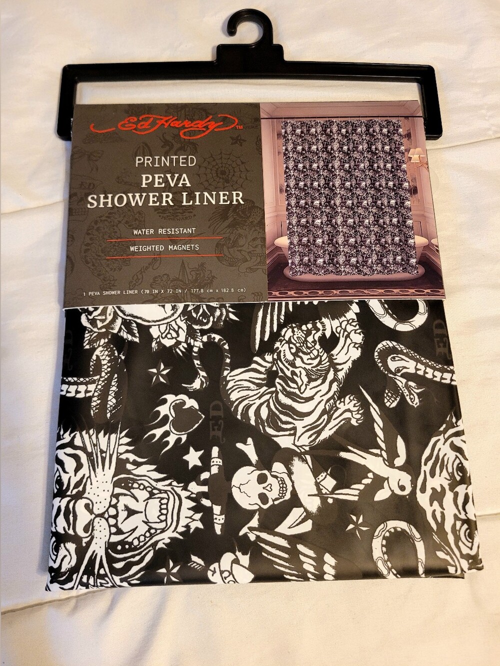 Ed Hardy Black & White Printed PEVA Shower Liner